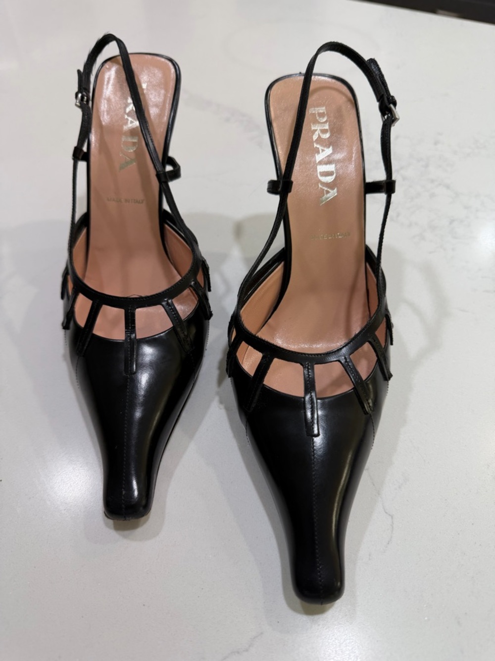 Prada Black Leather Pointed Slingback Heels with Cutout Straps